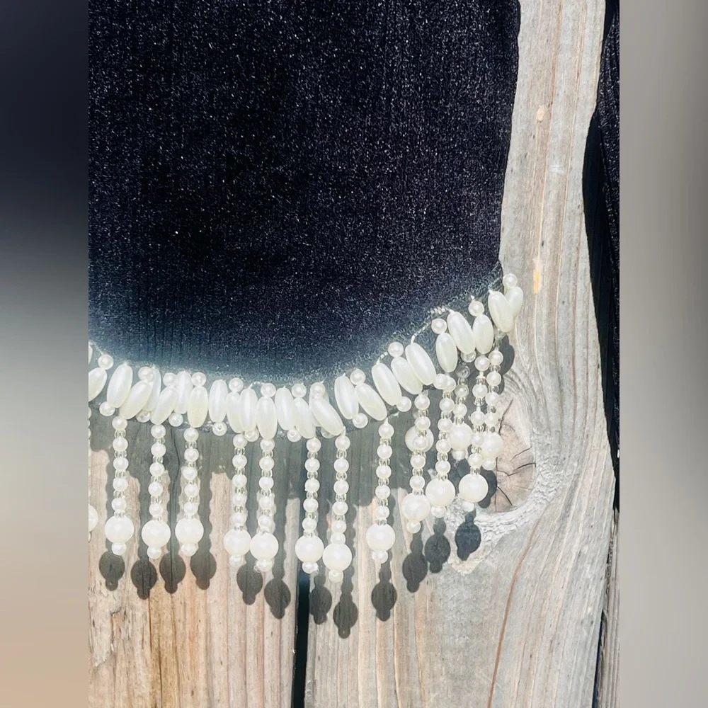 Zara Jewel Detail Crop Top in black with a rhinestone fringe appliqué NWT